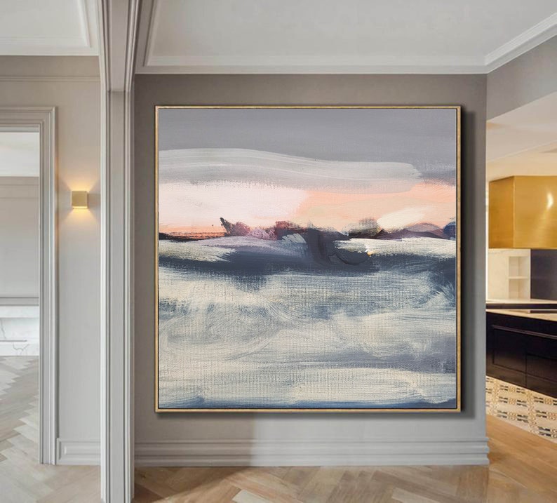 May include: Abstract landscape painting with shades of gray, white, and pink. The painting features brushstrokes and a horizon line with a soft, dreamy feel.