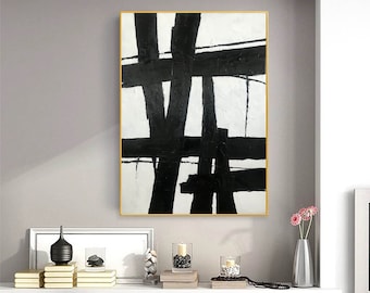 extra grote muurkunst abstracte schilderkunst, originele olieverf schilderij abstract, grote doek muur kunst zwart-wit, moderne abstracte schilderij H539