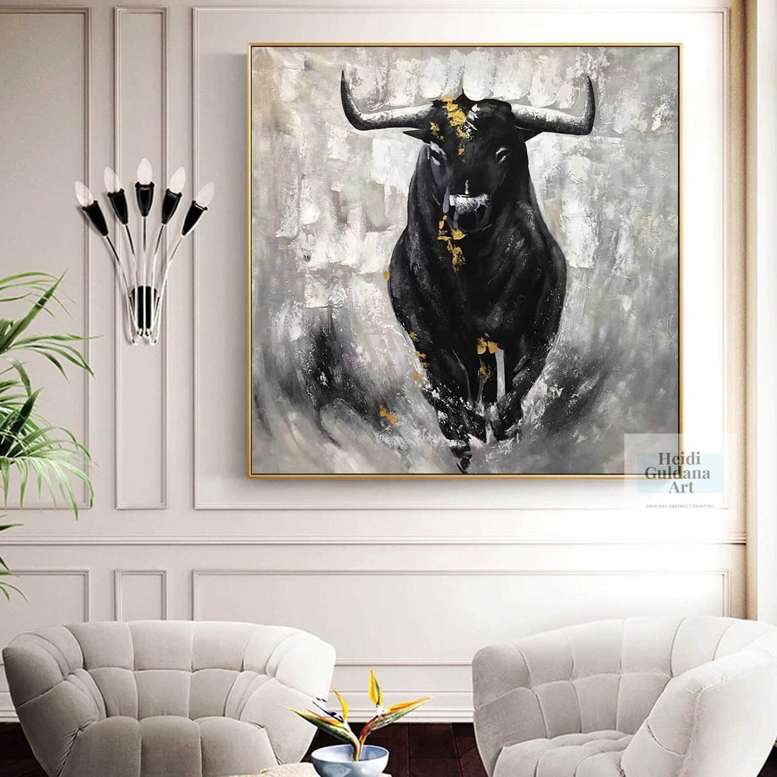 Black and White Bull Painting Large Abstract Bull Oil Painting Original ...