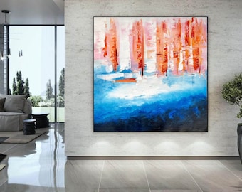 White, Red & Blue Abstract Canvas Art Large Modern Wall Art Large Colorful Painting Oversize Wall Decor Living Room Wall Art Painting H324