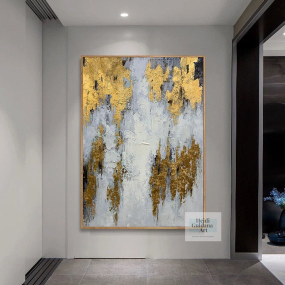 オリジナルの油絵抽象画、キャンバスに描かれた金彩画、大きな