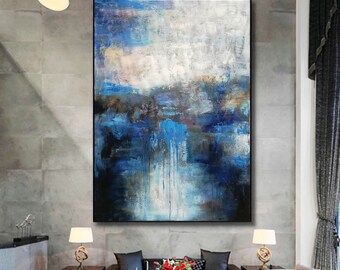 青い抽象画オリジナル大、現代抽象画、特大壁アートキャンバス
