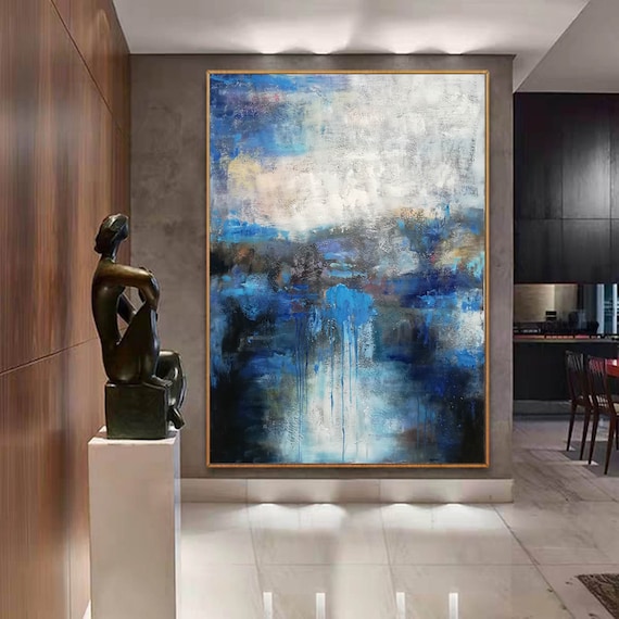 青い抽象画オリジナル大、現代抽象画、特大壁アートキャンバス、抽象
