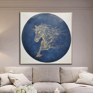 May include: A blue and gold abstract painting of a horse running. The horse is made of gold glitter and is set against a dark blue background.