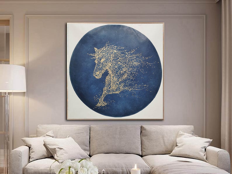 May include: A blue and gold abstract painting of a horse running. The horse is made of gold glitter and is set against a dark blue background.