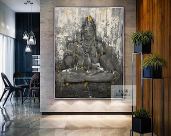 Lord Shiva kunst aan de muur schilderij origineel handgeschilderde Shiva schilderij, Hindoe God Shiva kunst, grote abstracte canvas kunst, zwart schilderij H761