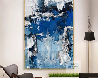 ダークブルーの絵画 オリジナル油絵 大きなブルーの壁アート ブルーの