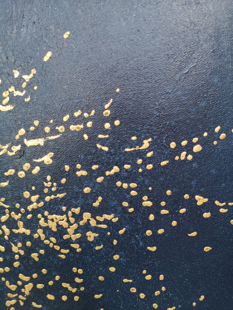 May include: A dark blue background with a scattered pattern of gold dots and dashes.