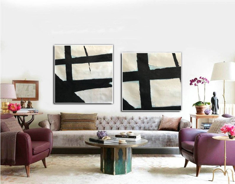 original abstract painting, set of 2 large abstract painting,black and white paintings on canvas ,modern abstract art, handmade painting H81 image 1