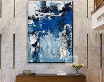 ダークブルーの絵画 オリジナル油絵 大きなブルーの壁アート ブルーの