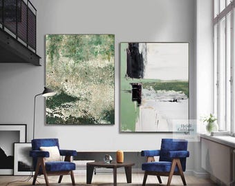 Green Painting Texture Green Wall Art Set of 2 Minimalist Green Painting Large Texture Wall Art Green 3D Texture Painting on Canvas H808