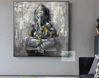 Original Abstract Ganesha Painting – Handmade Textured Canvas in Gray & Gold – Hindu Wall Art H687