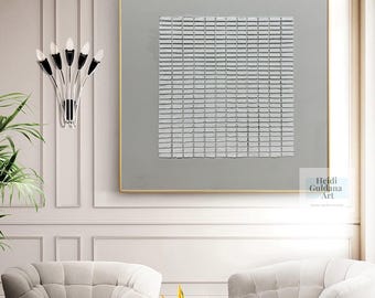 Large White Abstract Textured Painting: 3D Minimalist Wall Art, Gray Painting on Canvas H821