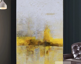 Lienzo abstracto hecho a mano con textura / Pintura texturizada original en blanco, gris y amarillo H781