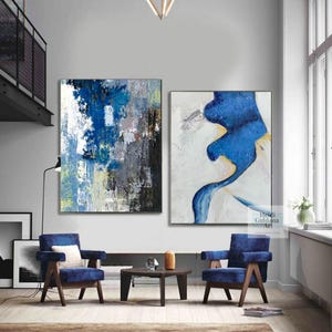 Blue and White Wall Art Set of 2 Canvas Art Original Abstract Painting Blue Wall Art Large Blue Oil Painting Living Room Wall Art H813