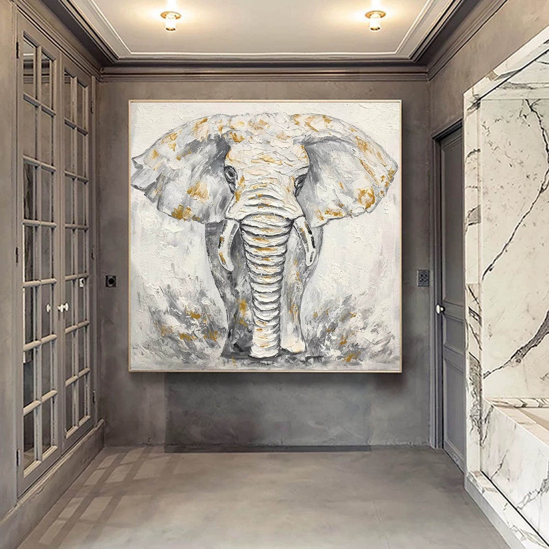 Elephant Painting on Canvas, Large Abstract Painting Original Artwork
