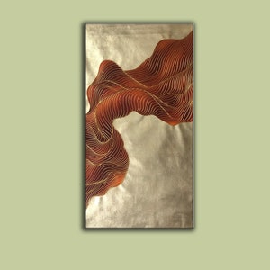 May include: Abstract painting with a flowing, wave-like design in shades of brown and gold on a silver background.