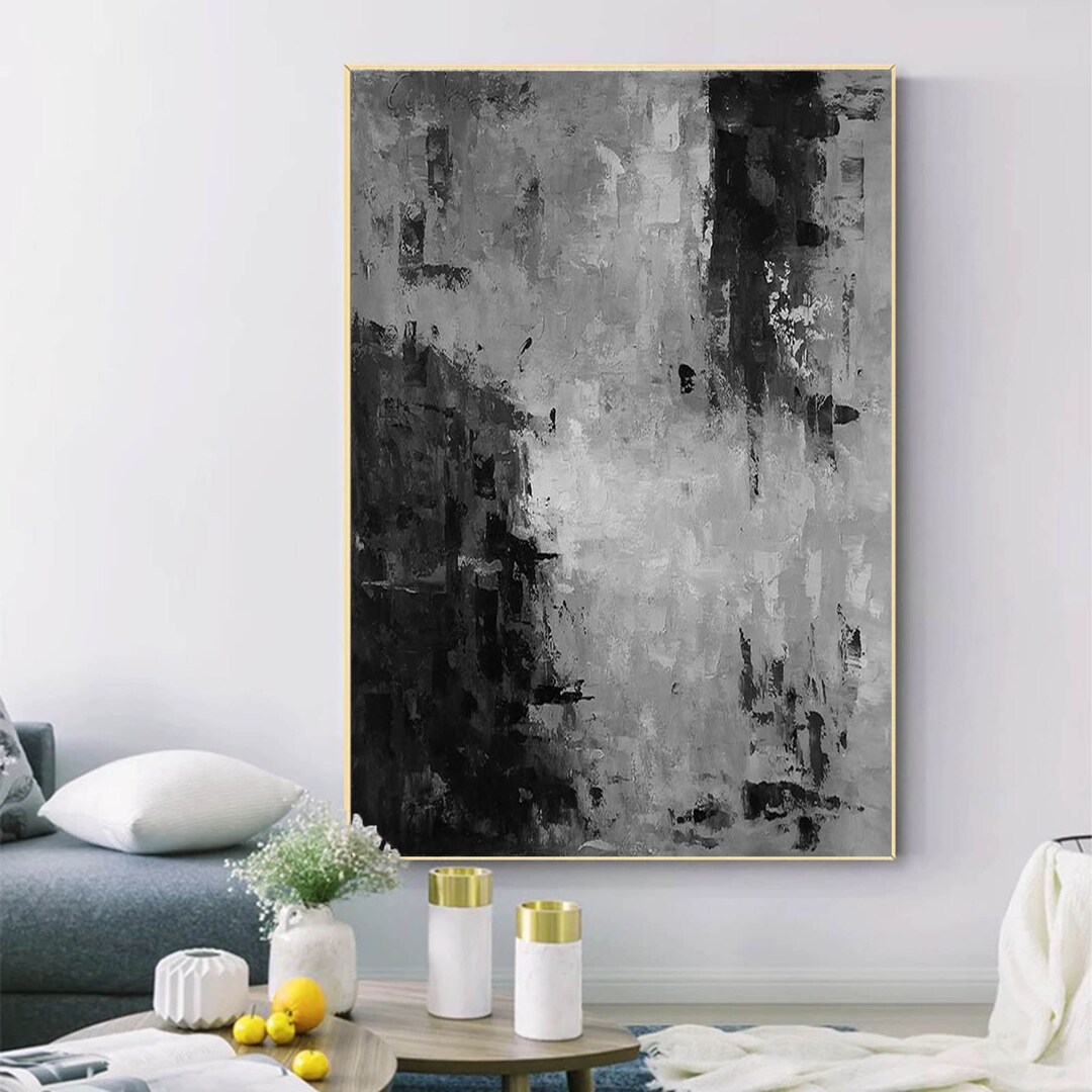 Tableau Abstrait BIG DARKNESS Sur Toile – Noir, Blanc, Gris, Format XXL 165x165 Cm
