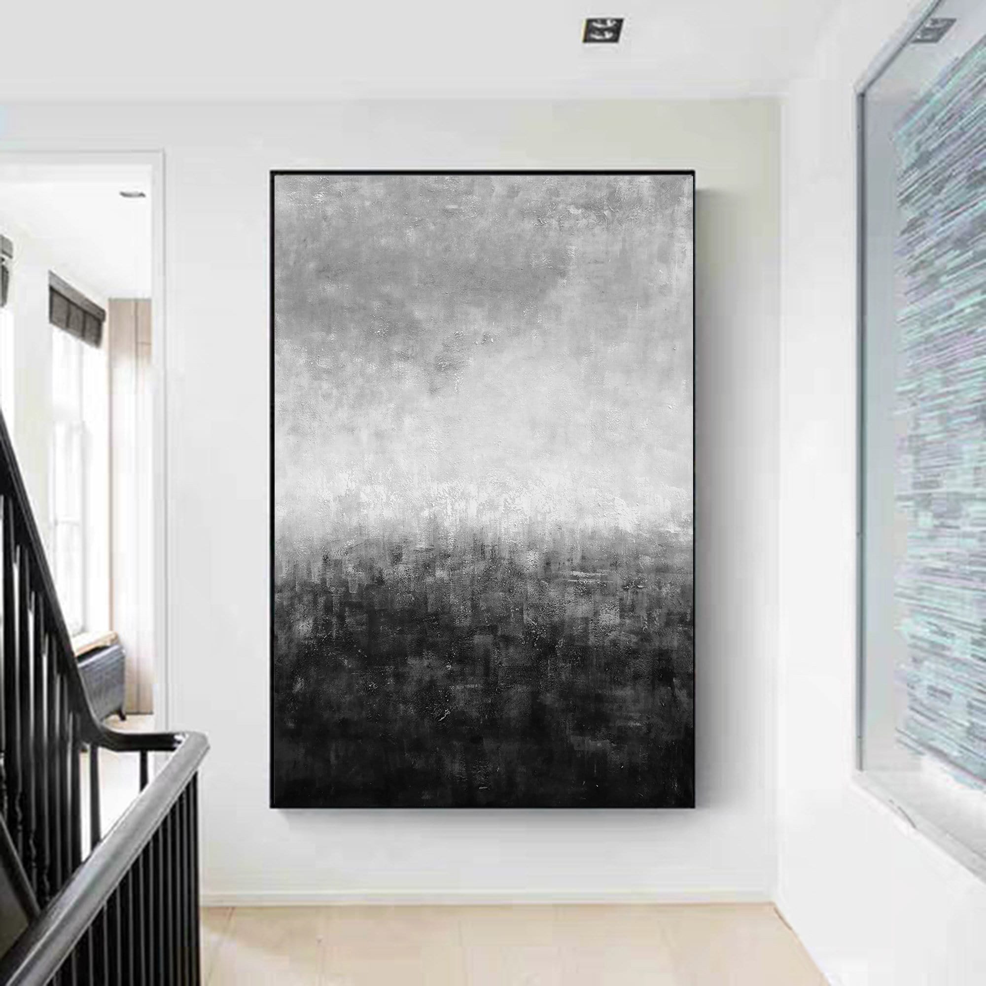 キャンバスに描かれたオリジナルの抽象画、特大サイズの白黒壁アート