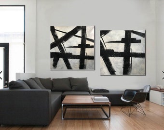 large wall art,black and white abstract painting,minimalist art,modern wall art decor,black white painting,wall decor,white paint H89