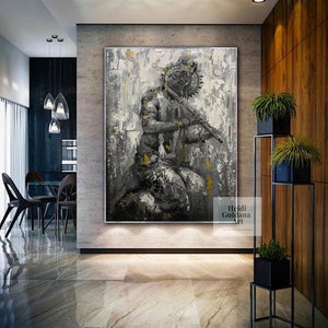 Large Krishna Painting: Textured Abstract Art on Canvas