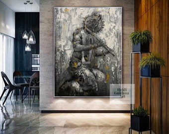 large canvas wall art, Krishna painting, textured abstract painting on canvas, original art painting, Krishna wall art on canvas H760