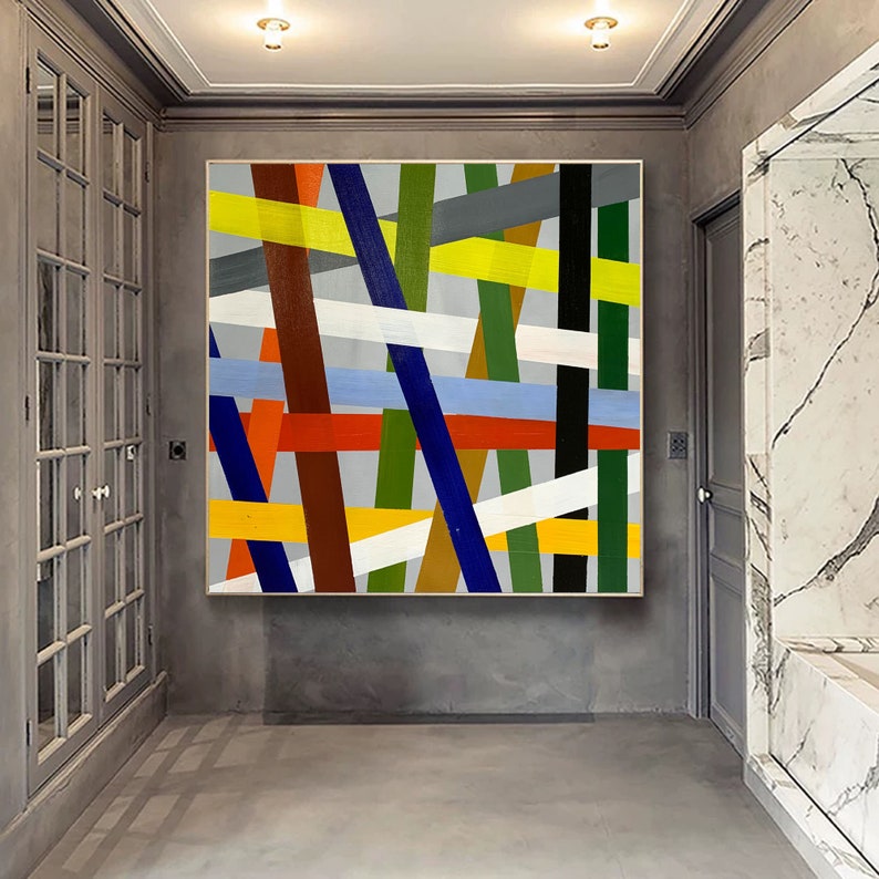 May include: Abstract geometric painting with a colorful design of intersecting lines in shades of red, orange, yellow, green, blue, white, brown, and black.