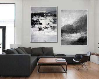 Set of 2 abstract canvas art,large acrylic painting on canvas,large canvas art,black and white abstract wall art,modern wall art canvas H65