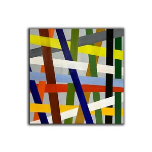 May include: Abstract painting with a geometric design featuring intersecting lines in various colors, including yellow, red, blue, green, brown, white, and black.