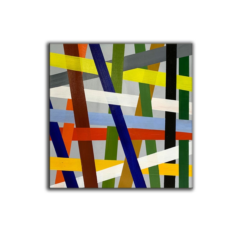 May include: Abstract painting with a geometric design featuring intersecting lines in various colors, including yellow, red, blue, green, brown, white, and black.
