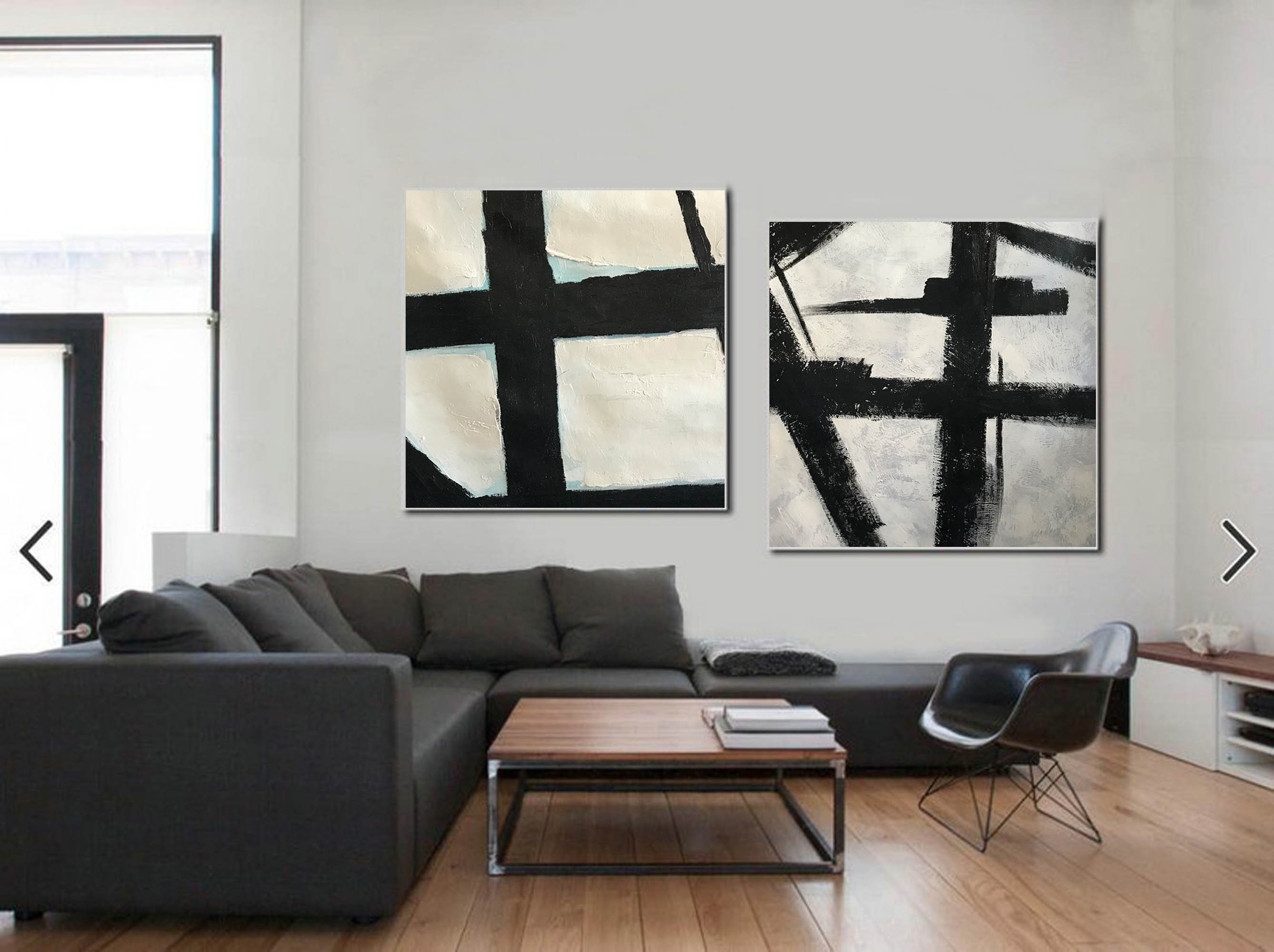 Set of 2 Canvas Artblack and White Paintings for Living Etsy