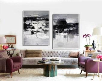 Set of 2 wall art,black and white abstract art,original abstract oil painting,black white painting,contemporary art,large canvas art H64