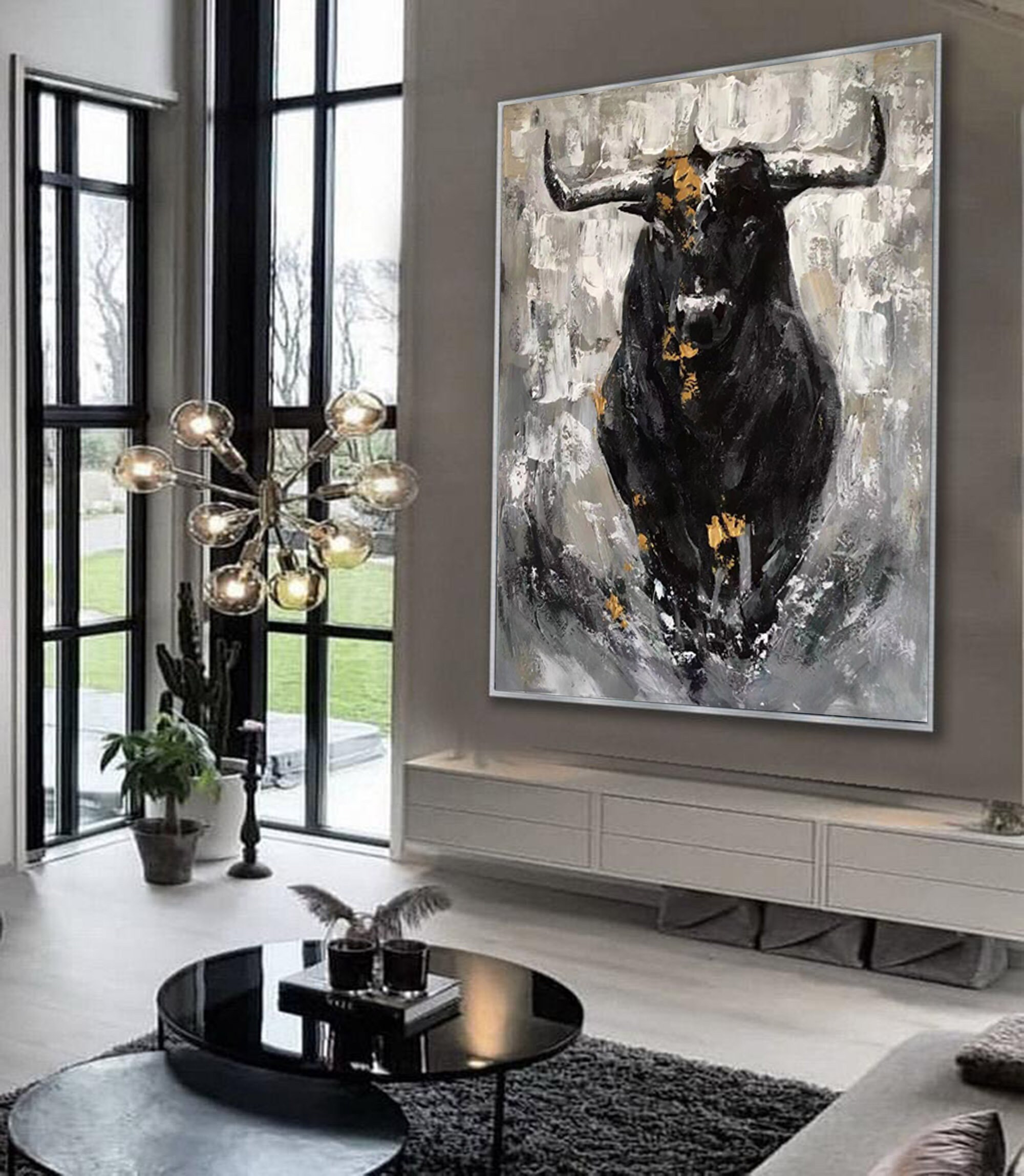 Original Bull Abstract Wall Art Bull Painting on Canvas Large