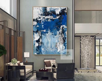ダークブルーの絵画 オリジナル油絵 大きなブルーの壁アート ブルーの