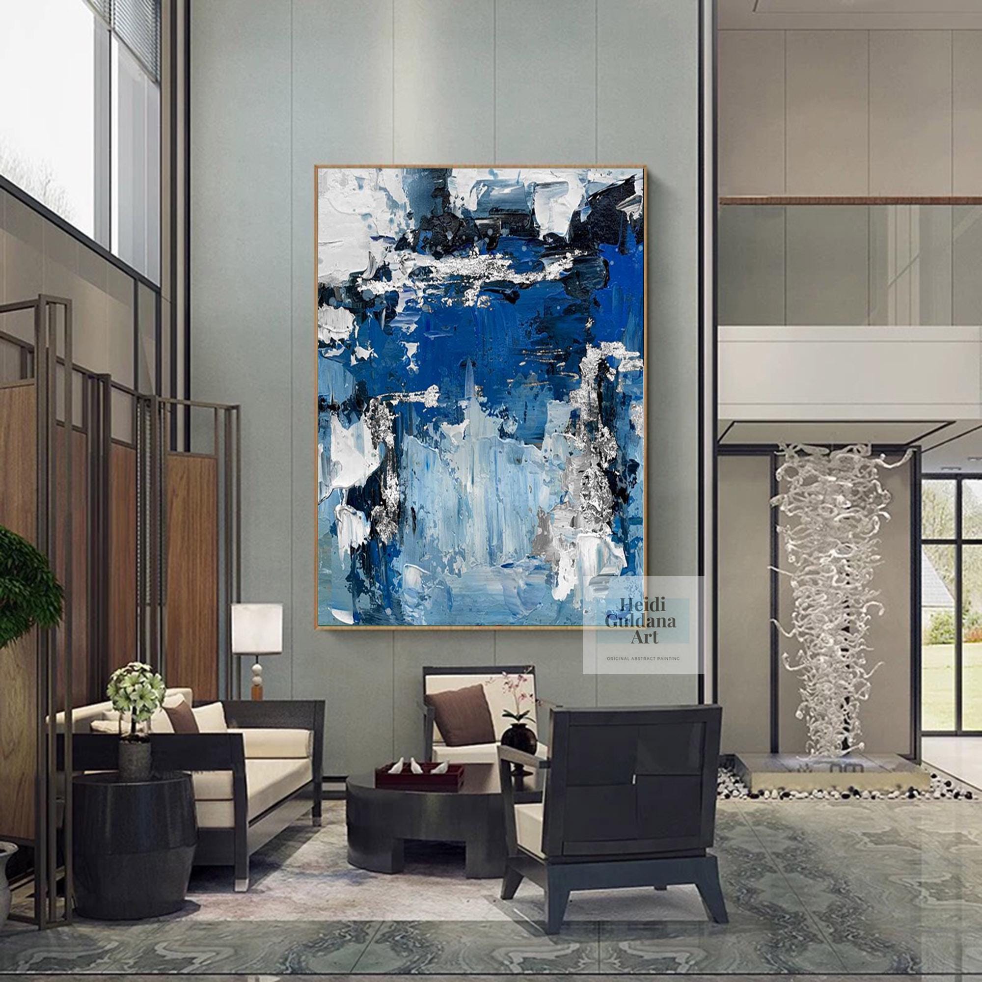 ダークブルーの絵画 オリジナル油絵 大きなブルーの壁アート ブルーの
