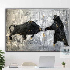 May include: Abstract painting of a black bull and bear facing each other on a gray and gold background. The painting is titled "Heidi Guidana Art".