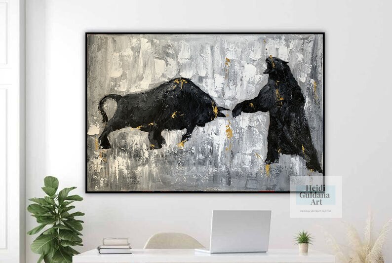 May include: Abstract painting of a black bull and bear facing each other on a gray and gold background. The painting is titled "Heidi Guidana Art".