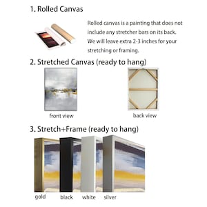 May include: Three different ways to display a canvas painting: rolled, stretched, and stretched with a frame. The stretched canvas is shown from the front and back. The framed canvas is shown in four different frame colors: gold, black, white, and silver.