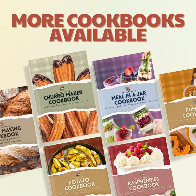 May include: A collection of colorful cookbooks with titles like "The Ultimate Churro Maker Cookbook", "The Ultimate Meal in a Jar Cookbook", "The Ultimate Potato Cookbook", "The Ultimate Raspberries Cookbook", and "The Ultimate Pumpkin Cookbook".