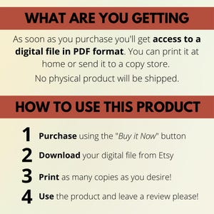 May include: A digital download guide with instructions on how to purchase, download, print, and use a digital product. The guide has a red background with white text and numbers.