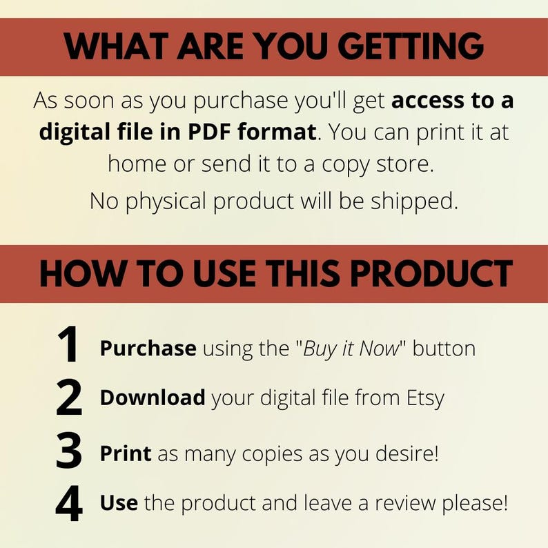 May include: A digital download guide with instructions on how to purchase, download, print, and use a digital product. The guide has a red background with white text and numbers.