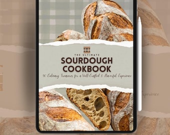 May include: A digital tablet displaying a cookbook cover with the title "The Ultimate Sourdough Cookbook" and a subtitle "90 Culinary Treasures for a Well-Crafted & Flavorful Experience". The cover features a close-up of several loaves of sourdough bread.