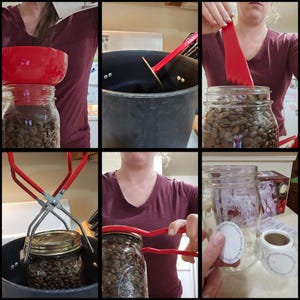 May include: A step-by-step guide on how to roast coffee beans at home. The process involves using a large pot, a red scoop, and a glass jar. The beans are roasted in the pot, then transferred to the jar, and finally sealed with a lid.