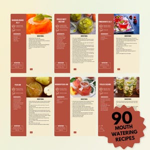 May include: A collection of 90 mouthwatering recipes for jams, jellies, and pickled foods. The recipes are organized into a book with colorful pages and images of the finished products.