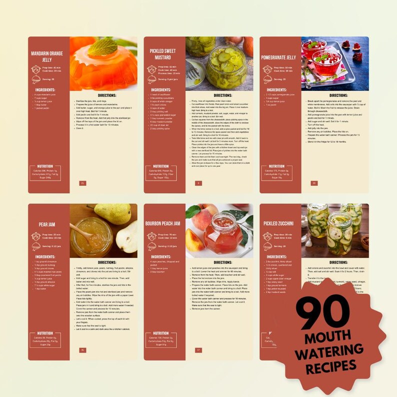 May include: A collection of 90 mouthwatering recipes for jams, jellies, and pickled foods. The recipes are organized into a book with colorful pages and images of the finished products.