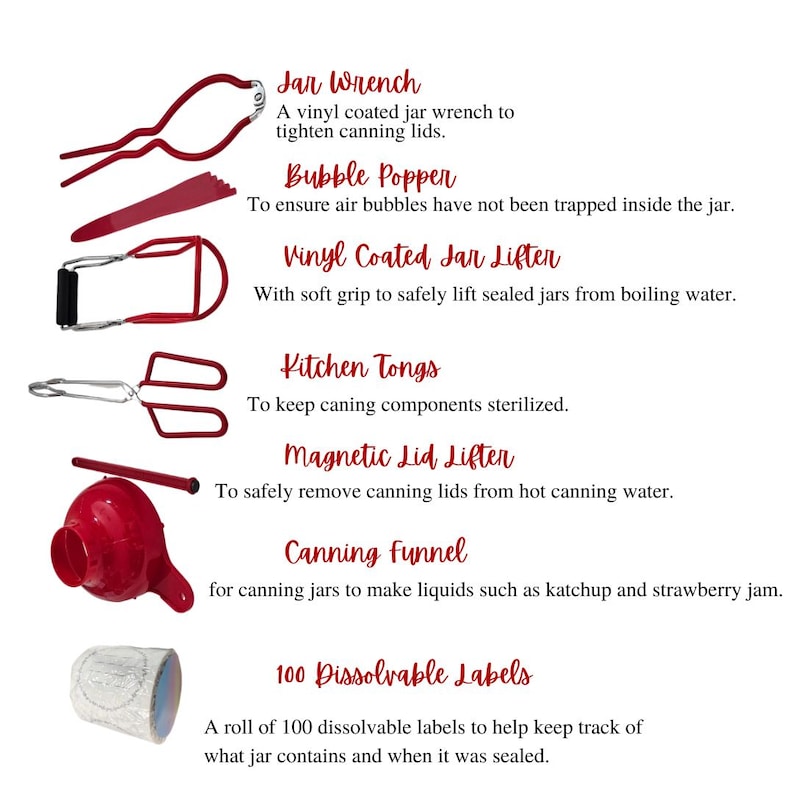 May include: A set of red canning tools including a jar wrench, bubble popper, jar lifter, tongs, lid lifter, funnel, and 100 dissolvable labels.