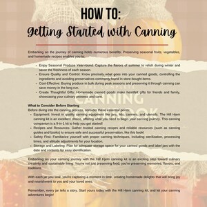 May include: A guide on how to get started with canning, featuring a colorful illustration of a jar of preserved goods. The text highlights the benefits of canning, including preserving seasonal produce, ensuring quality and control, cost-effectiveness, and creating thoughtful gifts.