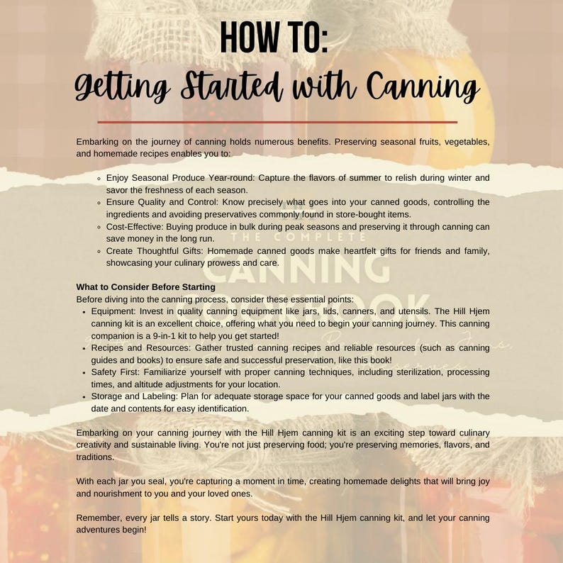 May include: A guide on how to get started with canning, featuring a colorful illustration of a jar of preserved goods. The text highlights the benefits of canning, including preserving seasonal produce, ensuring quality and control, cost-effectiveness, and creating thoughtful gifts.