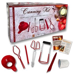 May include: A red box with the text "Canning Kit" and a variety of canning tools, including a funnel, tongs, jar lifter, and a jar lid lifter. The box also includes a recipe book and dissolvable labels.