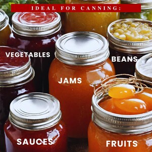 May include: Six glass jars with silver lids filled with different preserves. The jars are labeled "Vegetables", "Jams", "Beans", "Sauces", and "Fruits".